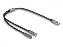 Delock Headset Adapter USB Type-C Stecker DAC 24 Bit / 96 kHz Hi-Res zu 2 x 3,5 mm 3 Pin Klinkenbuchse